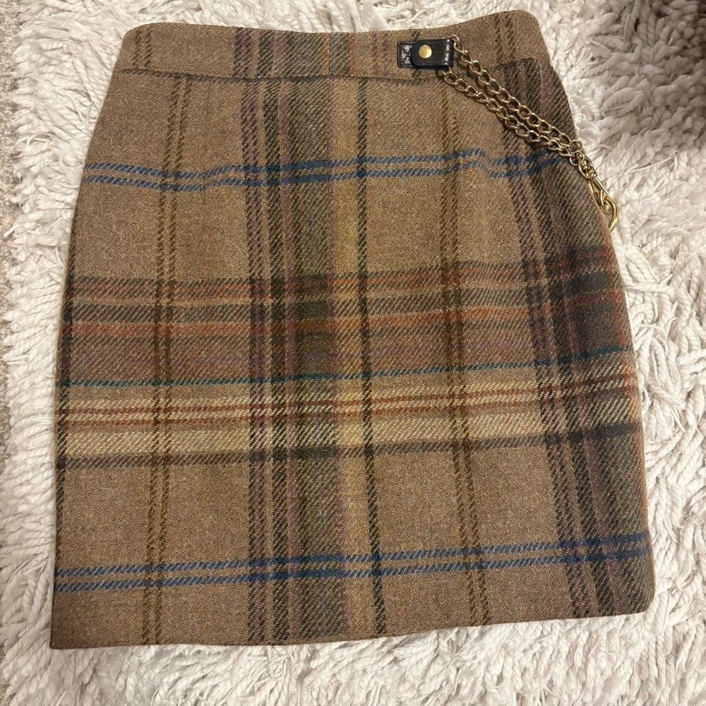 Vintage Ralph Lauren Plaid Wool Mini Skirt Leather Gold Chain Belt 90s y2k Prep - Picture 10 of 13